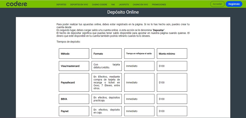 Depósitos en Codere México